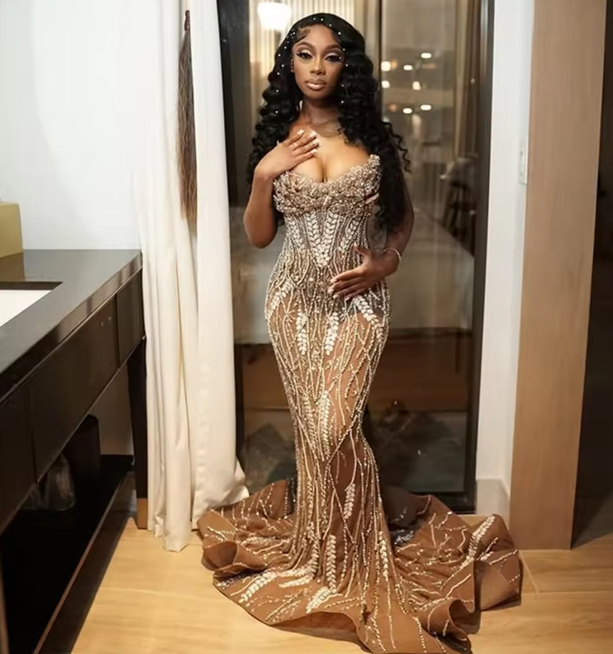 African Mermaid Beading Evening Dresses Robes De Soiree Strapless Crystals Prom Dress Aso Ebi Wedding Party Gowns Customized