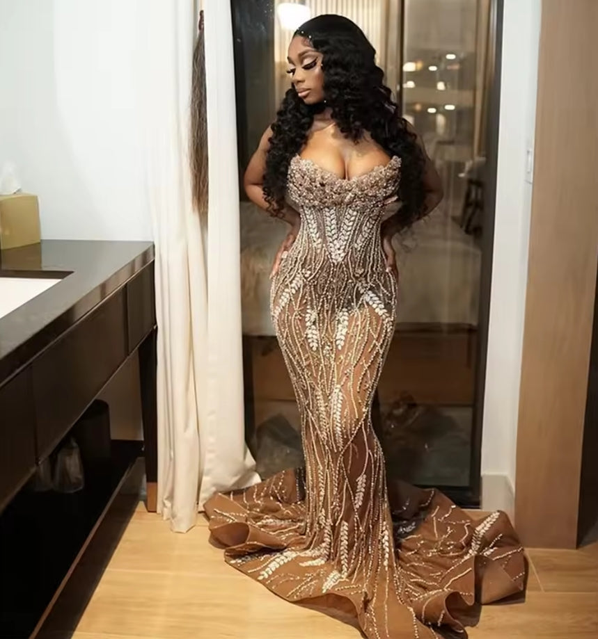 African Mermaid Beading Evening Dresses Robes De Soiree Strapless Crystals Prom Dress Aso Ebi Wedding Party Gowns Customized