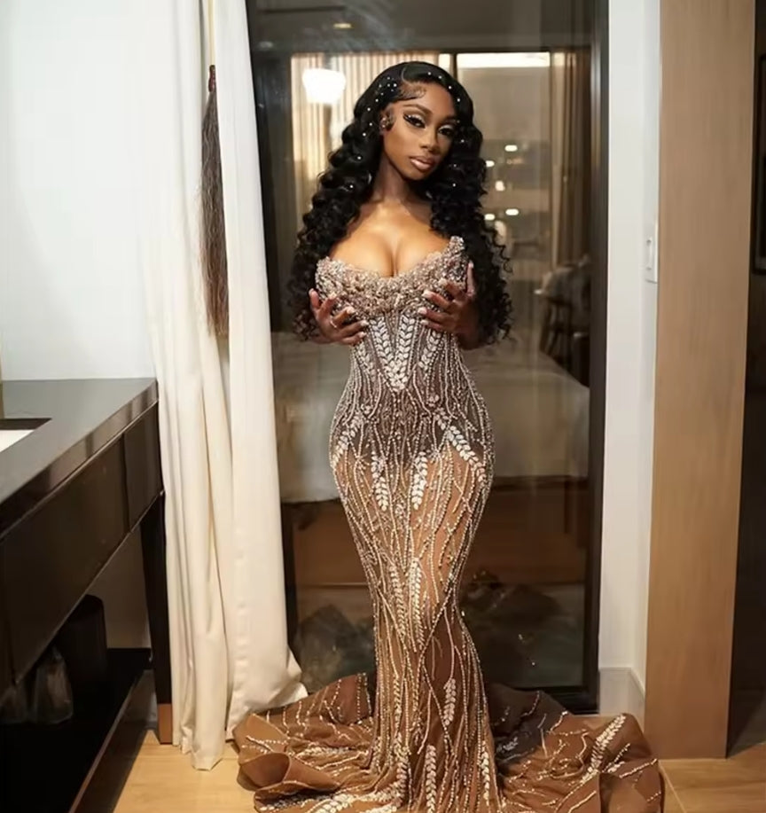 African Mermaid Beading Evening Dresses Robes De Soiree Strapless Crystals Prom Dress Aso Ebi Wedding Party Gowns Customized