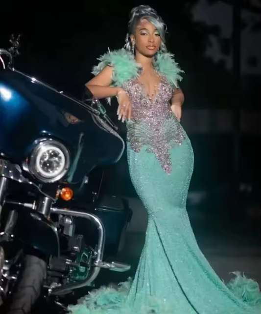 Turquoise Long Prom Dress For Black Girls Mermaid Sequined Crystals Feather Birthday Party Dresses Evening Gown Customized