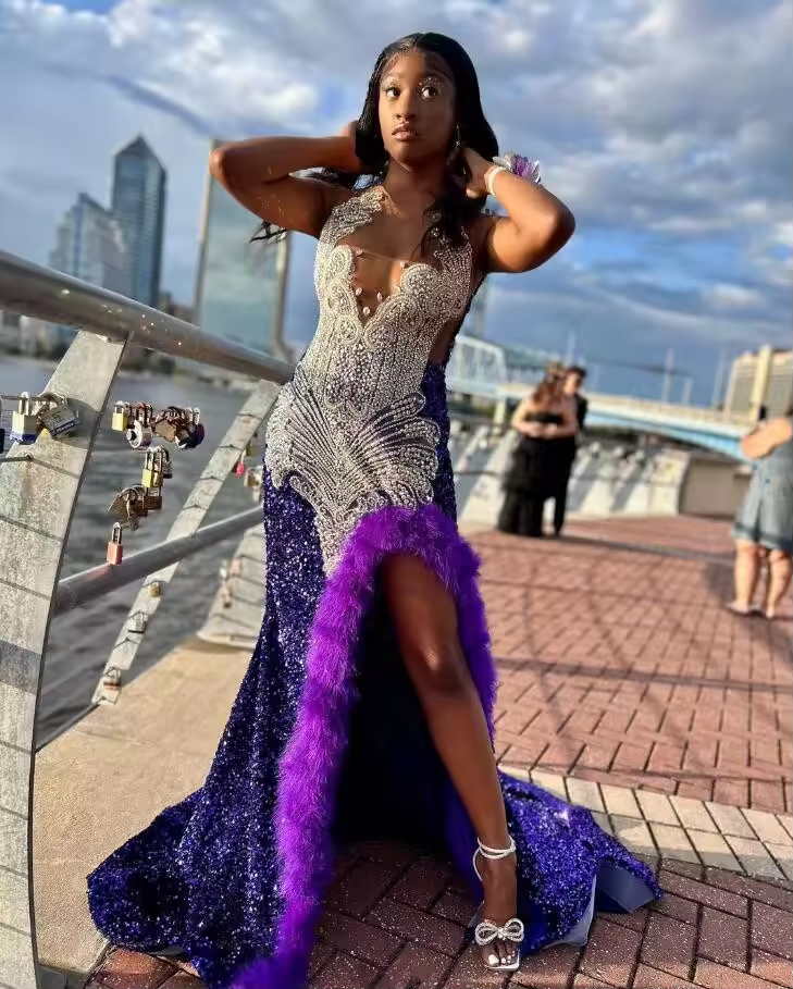 American Girl in Royal Purple Evening Formal Dress for Women Silver Diamond Velvet Long Slit Mermaid Prom Queen Gown Feather