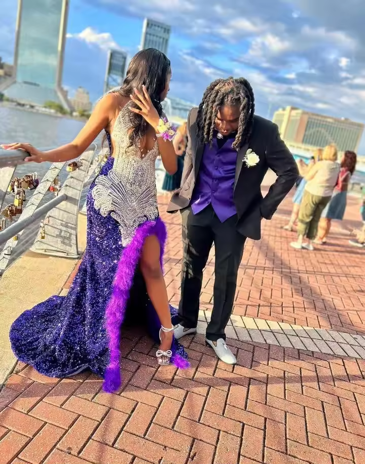 American Girl in Royal Purple Evening Formal Dress for Women Silver Diamond Velvet Long Slit Mermaid Prom Queen Gown Feather
