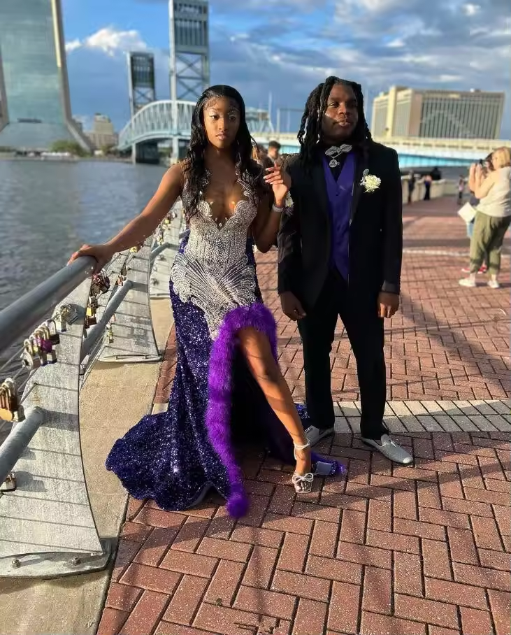 American Girl in Royal Purple Evening Formal Dress for Women Silver Diamond Velvet Long Slit Mermaid Prom Queen Gown Feather