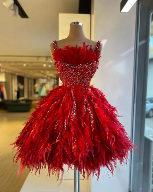 Red Feather Short Prom Dress with Straps Mini Length Party Cocktail Dress Crystal Beaded Women's Beauty Pageant Dress