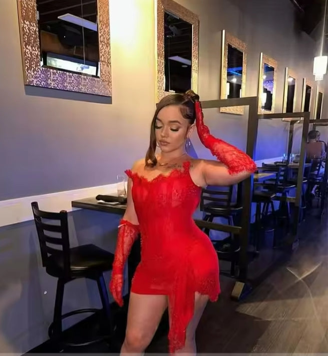 Sexy Red Lace Short Prom Dresses with Gloves Corset Birthday Mini Cocktail Party Gowns Robe De Bal Homecoming Lace-Up Customized