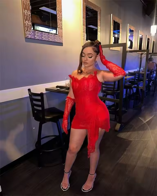 Sexy Red Lace Short Prom Dresses with Gloves Corset Birthday Mini Cocktail Party Gowns Robe De Bal Homecoming Lace-Up Customized