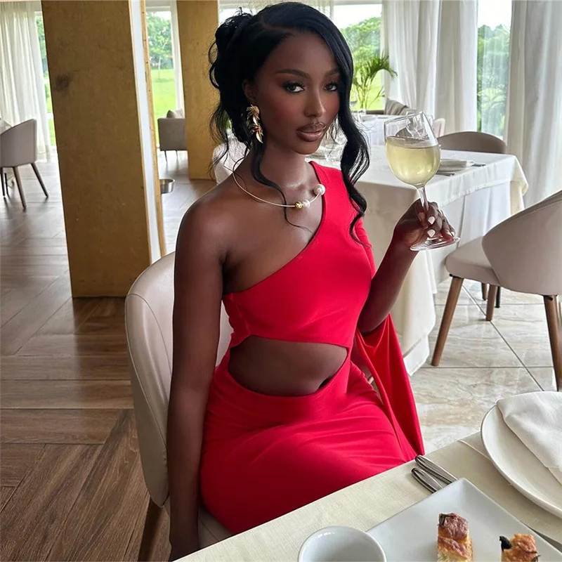 Sexy Red Black Evening Party Dress Women Elegant Vestidos 2025 Asymmetrical Cut Out One Shoulder Mermaid Maxi Dresses
