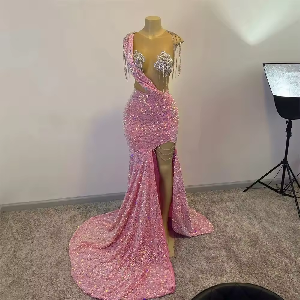 Pink African American Prom Dresses For Black Girls Mermaid Sequins Sparkle Beaded Slit Robe De Soiree Evening Gown Customized