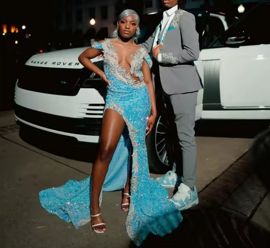 Sky Blue O N Long Prom Gowns Black Girls Bead Crystal Evening Dresses Sequined Birthday Party Gown High Slit Robe De Customized