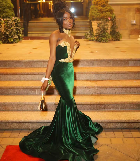 Customized Green Velvet Mermaid Prom Dress For Black Girls Gold Lace Crystal Beaded Party Gala Gown