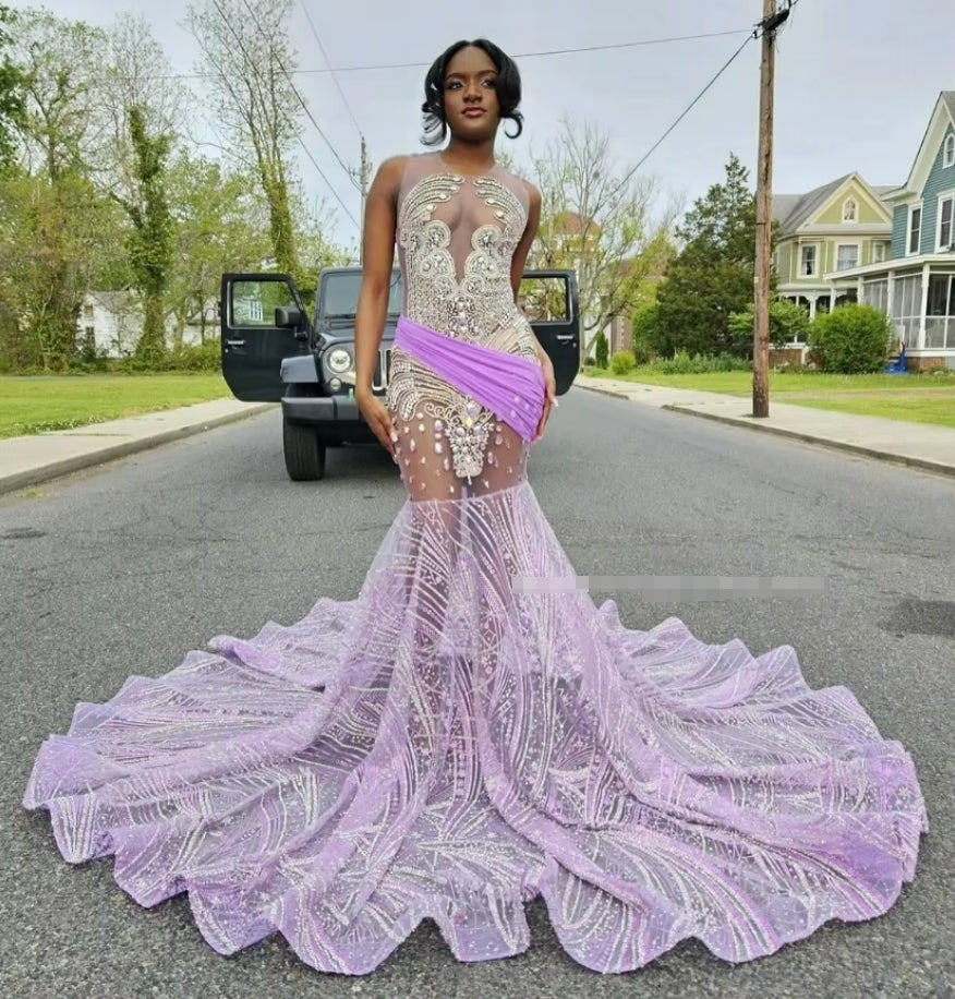 Purple Mermaid Prom Prom Dresses 2025 Gorgeous Diamante Beaded Tie Black See Through Mesh Party Custom