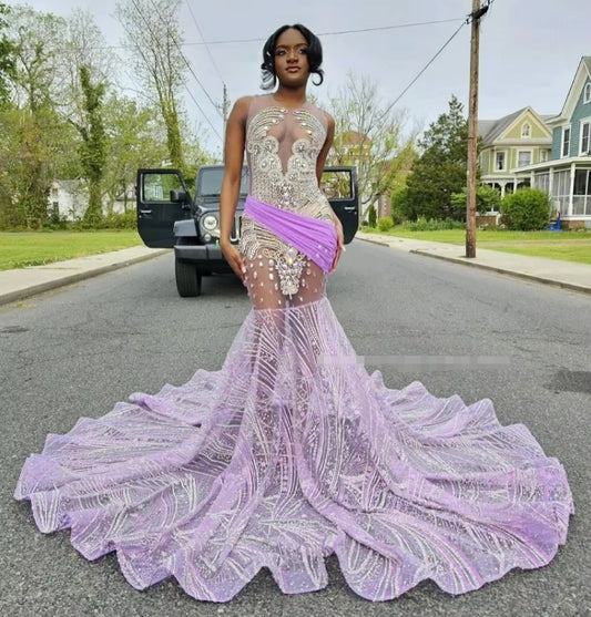 Purple Mermaid Prom Prom Dresses 2025 Gorgeous Diamante Beaded Tie Black See Through Mesh Party Custom