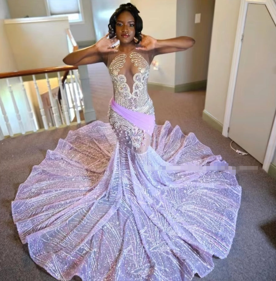 Purple Mermaid Prom Prom Dresses 2025 Gorgeous Diamante Beaded Tie Black See Through Mesh Party Custom