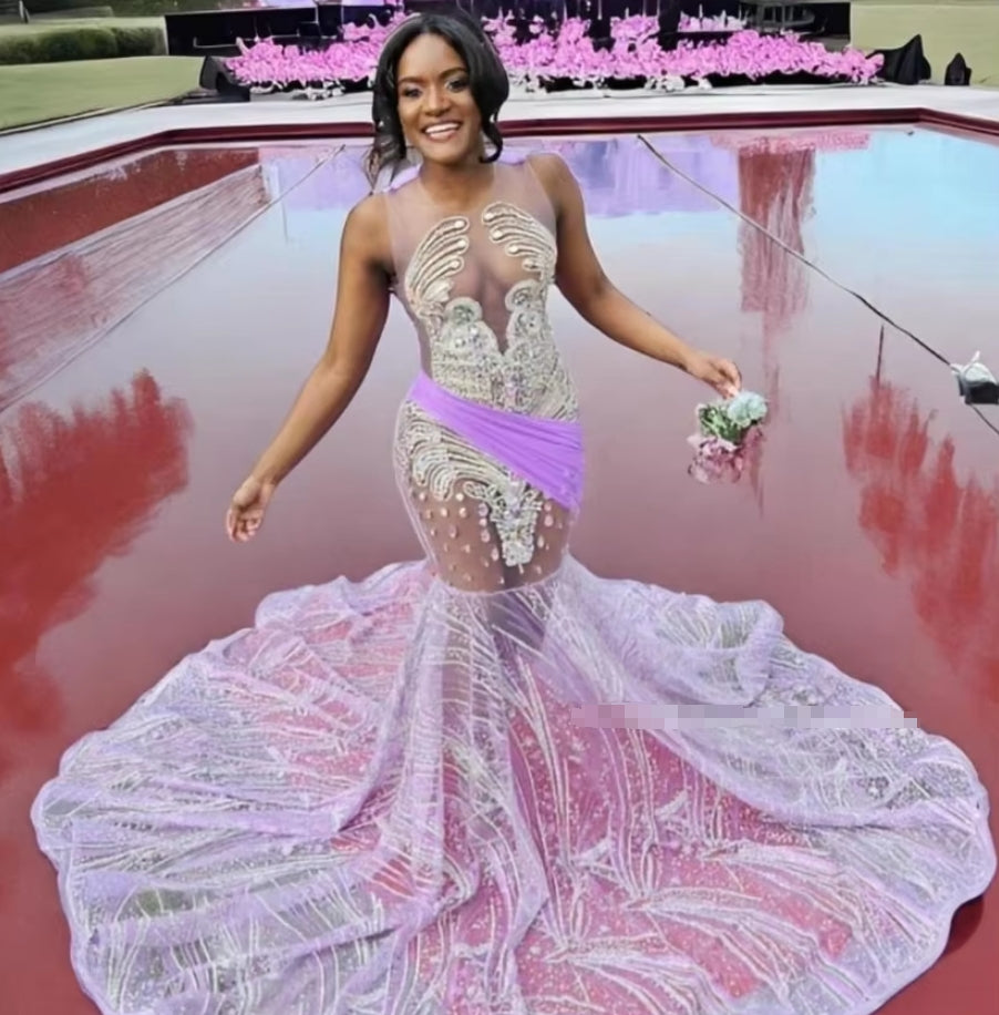 Purple Mermaid Prom Prom Dresses 2025 Gorgeous Diamante Beaded Tie Black See Through Mesh Party Custom