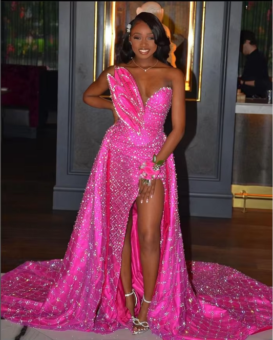 Customized Bright Pink Luxury Prom Dresses Diamonds Sequins Birthday Party Gowns Black Women's High Slit Sheath Fest Gowns