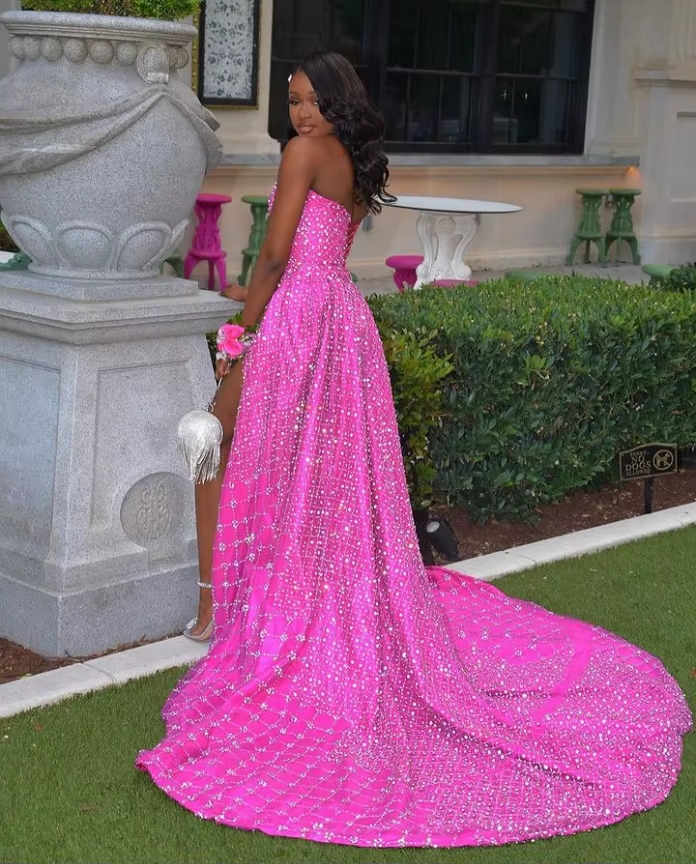 Customized Bright Pink Luxury Prom Dresses Diamonds Sequins Birthday Party Gowns Black Women's High Slit Sheath Fest Gowns