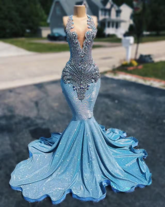 Sparkly Crystal Blue Prom Dresses Long Mermaid Beading Sequins Beaded Court Train Formal Evening Gowns