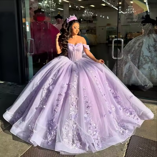 Light Lilac Sweet 16 Quinceanera Dresses Applique Lace Flower Beads Bow Tull Corset Party Birthday Gowns Customized