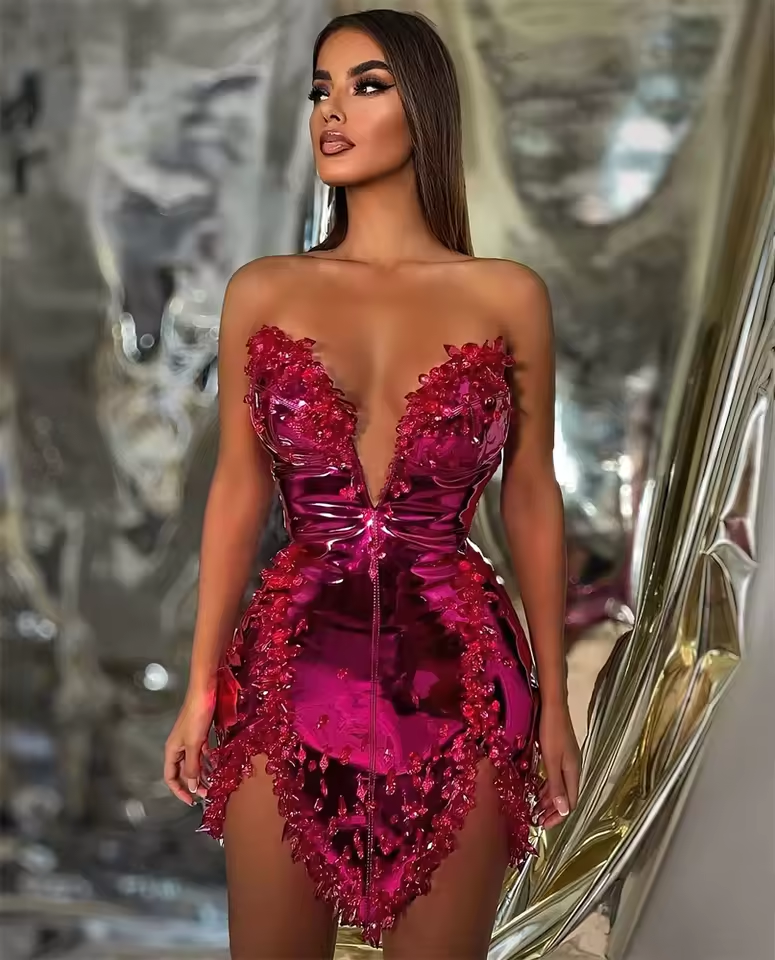 Glitter Hot Pink Short Prom Dress Beads Crystal Rhinestones Luxury Birthday Party Cocktail Gown Vestidos Customized