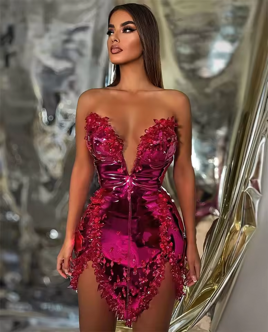 Glitter Hot Pink Short Prom Dress Beads Crystal Rhinestones Luxury Birthday Party Cocktail Gown Vestidos Customized