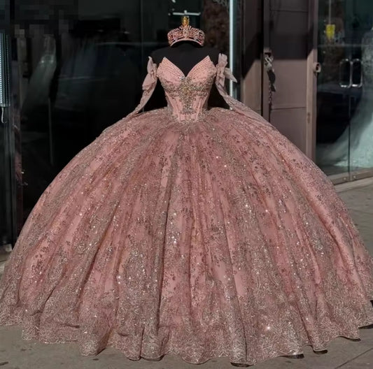 Rose Gold Quinceanera Dress Ball Gown 3D Floral Applique Beading Corset Sweet 16 Vestidos De XV 15 Anos