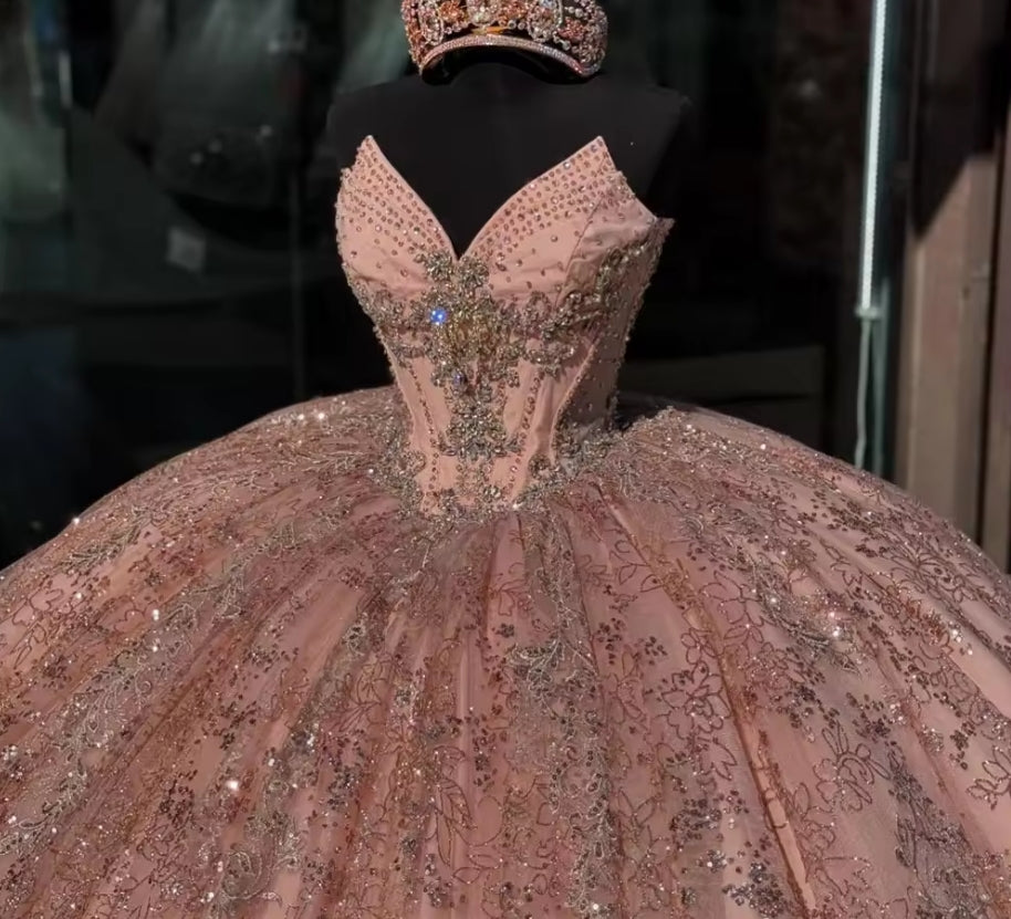 Rose Gold Quinceanera Dress Ball Gown 3D Floral Applique Beading Corset Sweet 16 Vestidos De XV 15 Anos