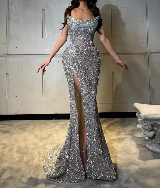 Silver Sexy Strapless Backless Mesh Sequins Maxi Long Elegant Bodycon Party Evening Stage Performance Vestido