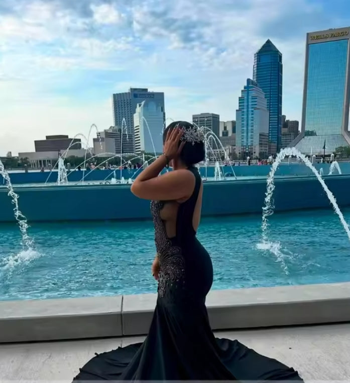 Crystals Black Rhinestones Prom Dresses Luxury Gowns Elegant Evening Dress For Wedding Party Mermaid Black Girls Customized