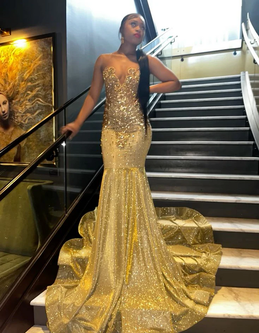 Gold Mermaid Sparkly Long Prom Dresses Formal Evening Dress