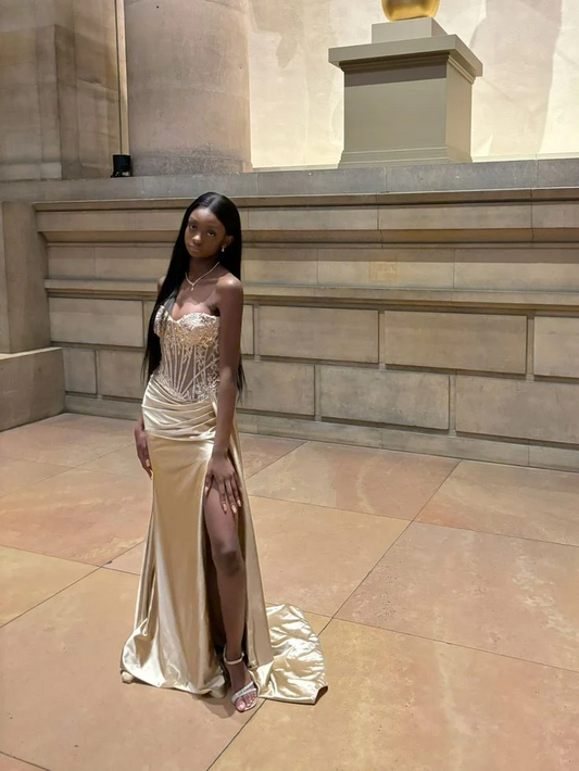 Strapless Champagne Long Prom Dress Formal Evening Dress