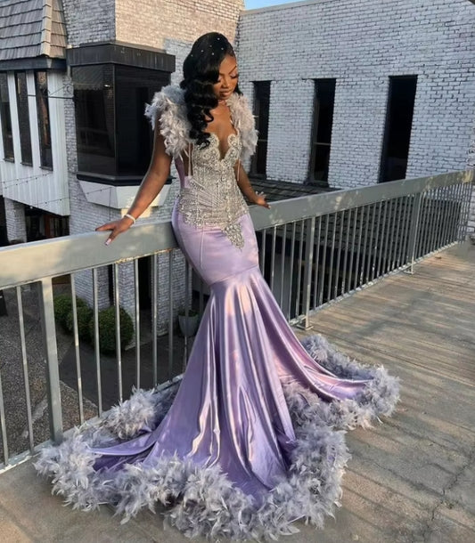Customized Noble Lilac Purple Cocktail Dress Black Girl Glitter Rhinestone Pearls Feather Embellished Party Gowns Tassel Dresses