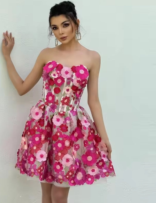 3D Flower Short Tulle Prom Birthday Dresses Sweetheart Sleeveless Graduation Dress Girl Mini Homecoming Gowns