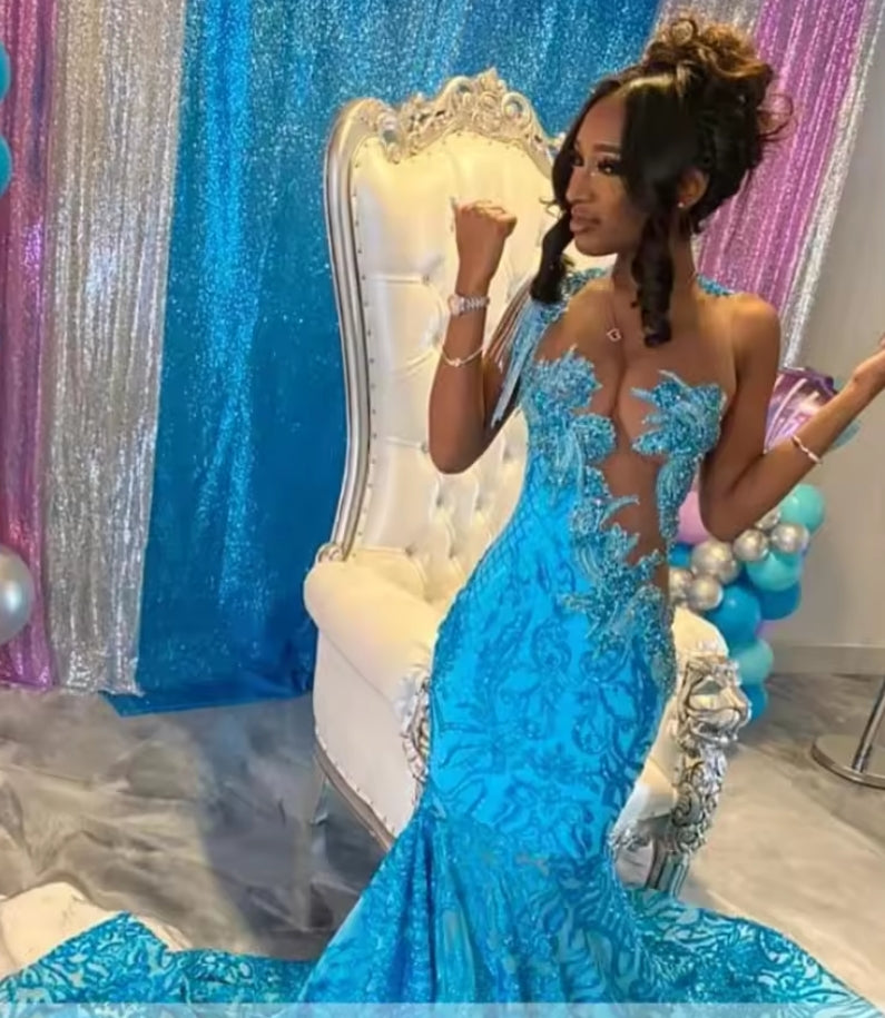 Sparkly Lace Peacock Blue Prom Dress Long 2025 Luxury Beaded Black Girls Mermaid Fitted Prom Gowns with Tassel Customized