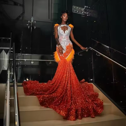 Orange Mermaid Prom Dress Sequins Crystal Rhinestones Beading Elegant Evening Gown Luxury Birthday Dress Feather