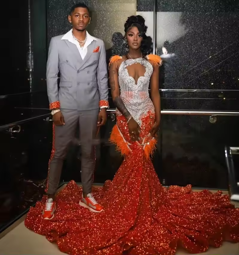 Orange Mermaid Prom Dress Sequins Crystal Rhinestones Beading Elegant Evening Gown Luxury Birthday Dress Feather