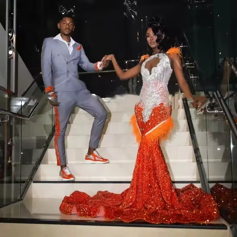 Orange Mermaid Prom Dress Sequins Crystal Rhinestones Beading Elegant Evening Gown Luxury Birthday Dress Feather