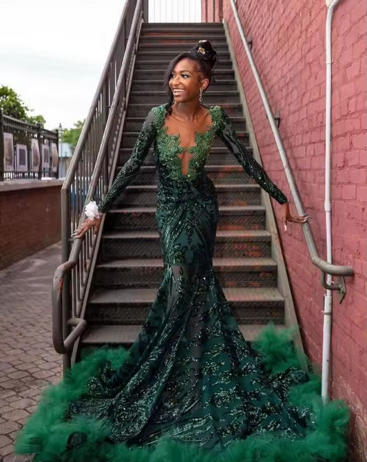 Sparkly Hunter Green Mermaid Evening Dresses for Black Girl Luxury Crystal Applique Long Sleeve Prom Birthday Gala Gown customsi