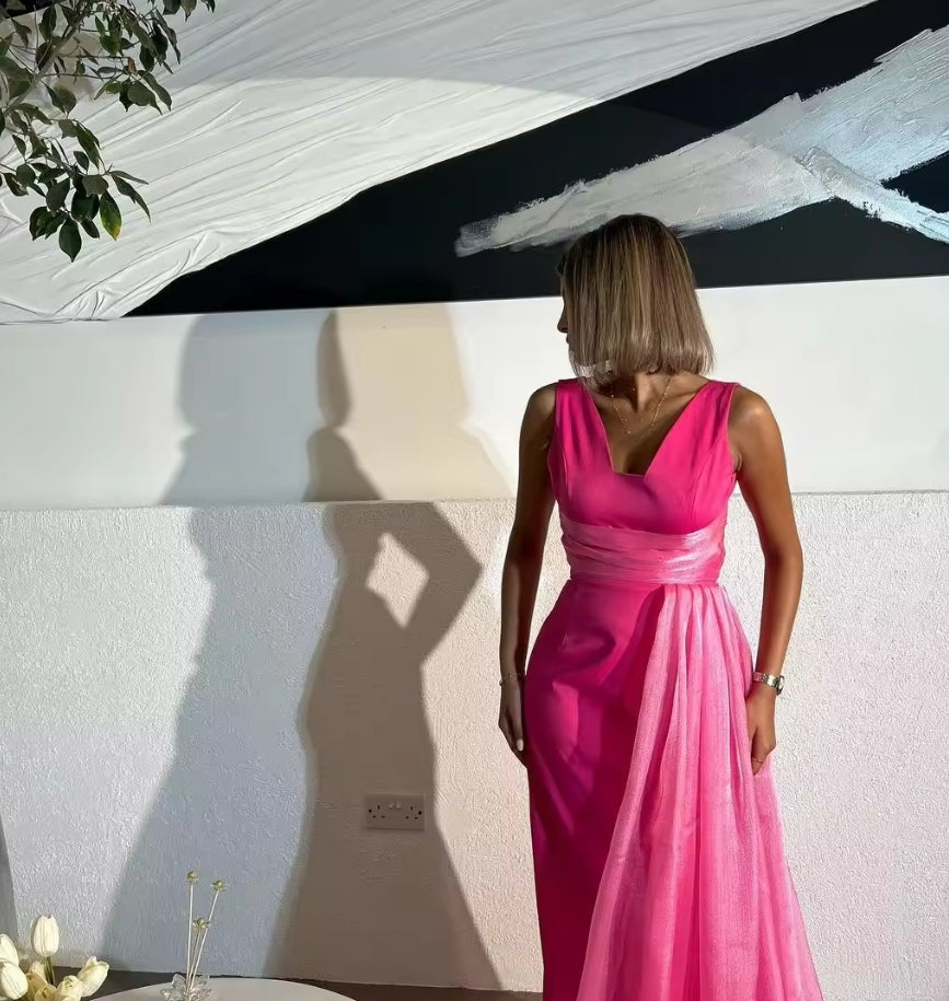 Hot Pink V Neck Prom Dresses with Tail New Mermaid Evening Dresses Formal Dress