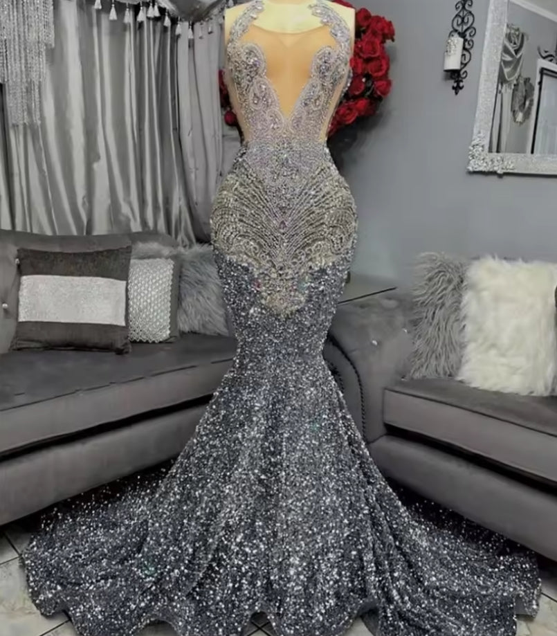 Silver Halter Long Prom Dress Black Girl Bead Crystal Diamond Birthday Party Dresses Sparkly Sequin Evening Gown Customized