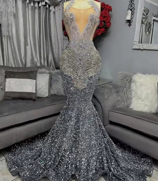 Silver Halter Long Prom Dress Black Girl Bead Crystal Diamond Birthday Party Dresses Sparkly Sequin Evening Gown Customized