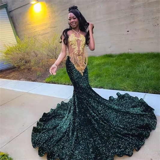 Sparkly Diamonds Emerald Green Long Prom Dress For Black Girls Beads Crystals Sequins Gown Birthday Party Customized