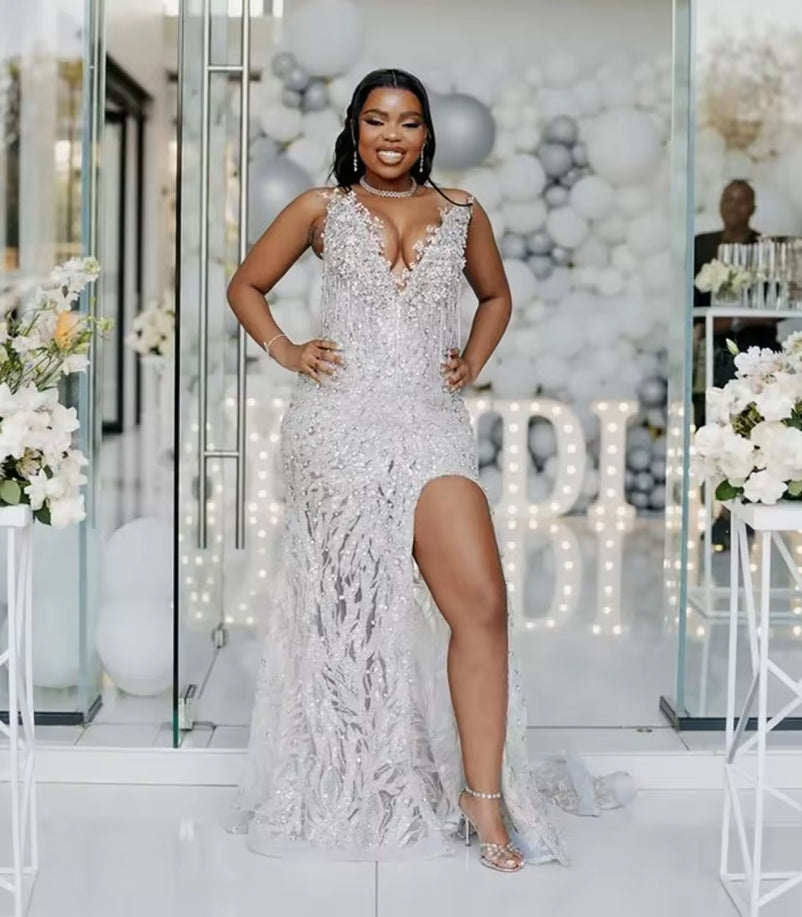 2025 Aso Ebi Split Side Evening Dresses V Neck Black Girls Prom Dress Vestidos De Noiva Beading Wedding Party Dress Customized