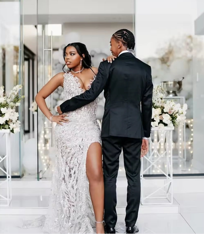 2025 Aso Ebi Split Side Evening Dresses V Neck Black Girls Prom Dress Vestidos De Noiva Beading Wedding Party Dress Customized