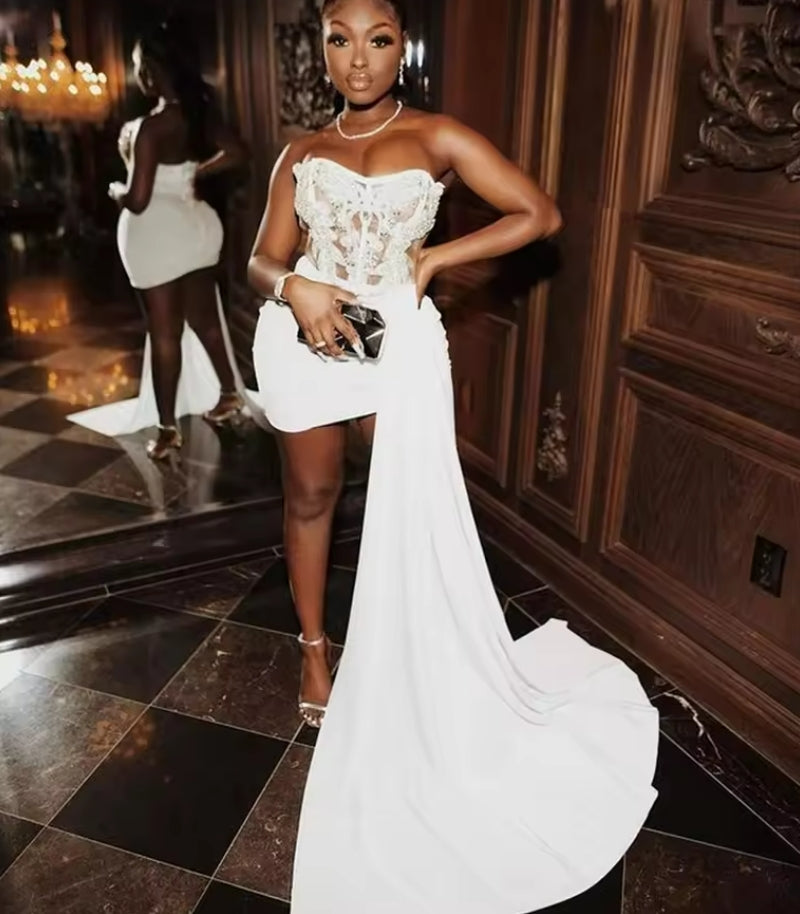 White Velvet Strapless Deal Prom Dress For Black Girls Beads Birthday Party Gown Crystal Lace Up Back Mini Cocktail Customized