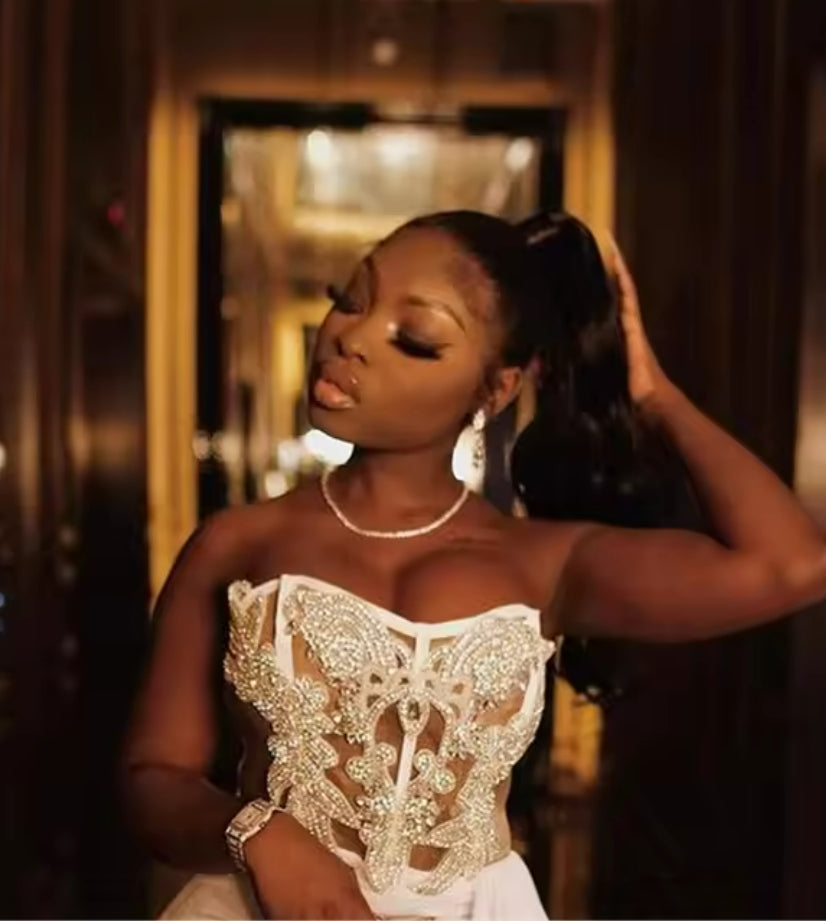 White Velvet Strapless Deal Prom Dress For Black Girls Beads Birthday Party Gown Crystal Lace Up Back Mini Cocktail Customized
