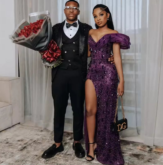 Purple Off Shoulder Sequin Dubai Evening Dress Black Girl Bead Crystal Birthday Dress Pleat Formal Gown Customized