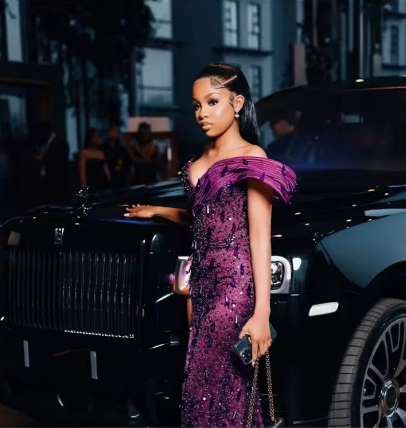 Purple Off Shoulder Sequin Dubai Evening Dress Black Girl Bead Crystal Birthday Dress Pleat Formal Gown Customized