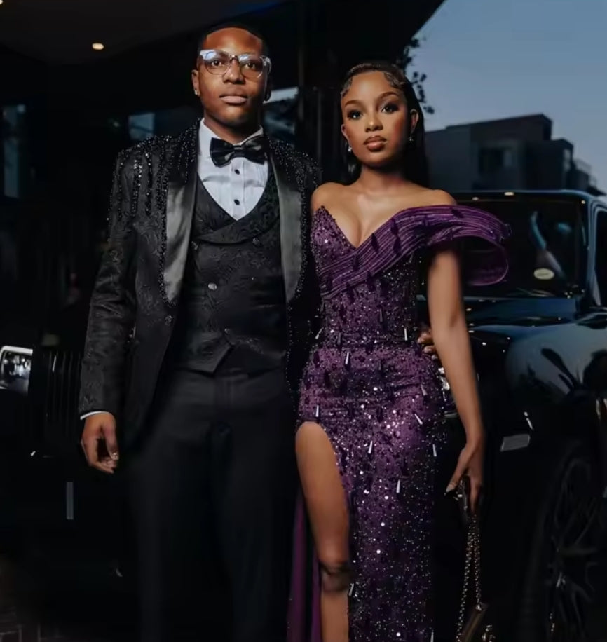 Purple Off Shoulder Sequin Dubai Evening Dress Black Girl Bead Crystal Birthday Dress Pleat Formal Gown Customized