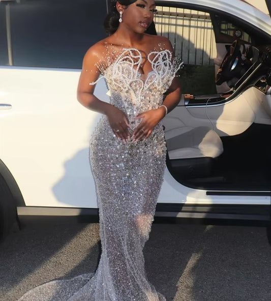 3D Pearls Sweetheart Prom Dress Sparkly Sequins Long Evening Dress Luxury Bridal Wedding Party Gown Robe De Mariée Customized