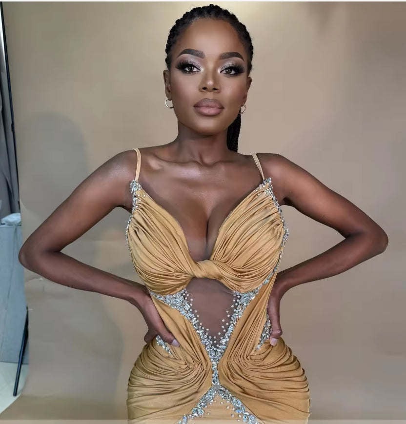 Champagne Sexy Prom Evening Dresses 2025 Gowns Bead Crystal Long Prom Dress With Birthday Party Dresses African Customized